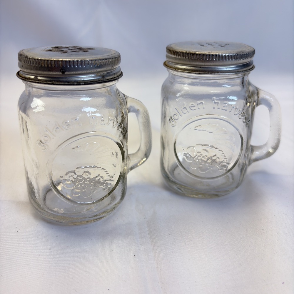 Vintage Mason Jar Mug Golden Harvest Salt and Pepper Shakers Clear Glass